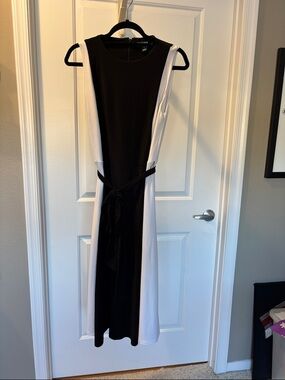 Lauren Ralph Lauren Black and White Sleeveless, lined Midi Dress with Tie Waist.